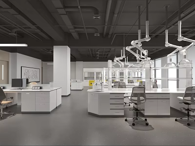 Modern Laboratory Interior With White Lab Benches Hanging Lights Ergonomic Chairs And Large Windows 3d model