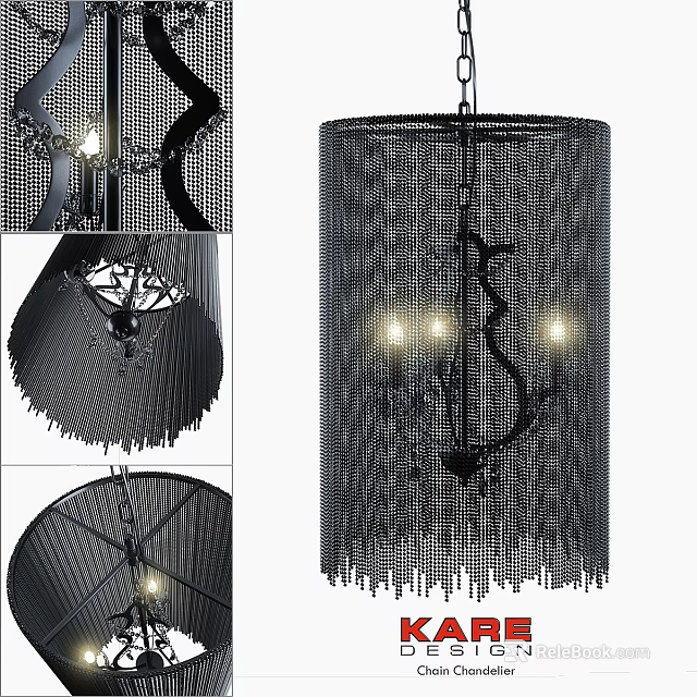 Modern Black Cylindrical Chandelier With Chain Link Mesh Design And Glowing Lights 3d model 