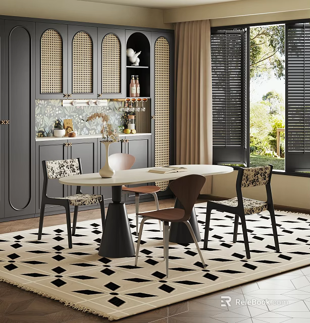 Modern Dining Room Interior With Round Table Patterned Chairs Dark Cabinets And Geometric Rug 3d model 