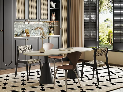 Modern Dining Room Interior With Round Table Patterned Chairs Dark Cabinets And Geometric Rug 3d model