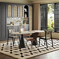 Modern Dining Room Interior With Round Table Patterned Chairs Dark Cabinets And Geometric Rug