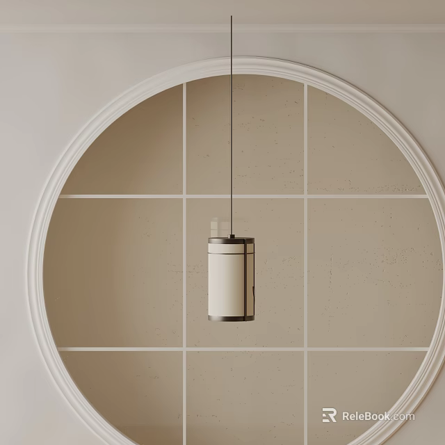 Cylindrical White Lampshade Pendant Light With Black Base In Circular Beige Grid Wall Frame 3d model 