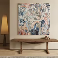 Abstract Painting On Wall With Wooden Bench Floor Lamp And Decorative Items