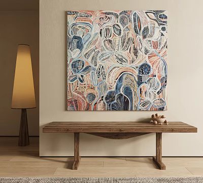Abstract Painting On Wall With Wooden Bench Floor Lamp And Decorative Items 3d model