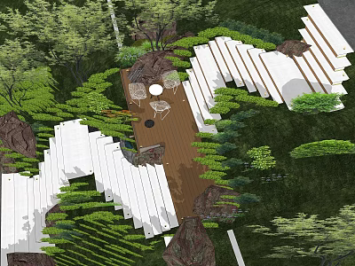 Tranquil Park Landscape Design With White Steps Wooden Platform And Lush Green Vegetation 3d model