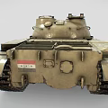 Military Tank with Long Cannon Visible Tracks and Weathered Beige Exterior