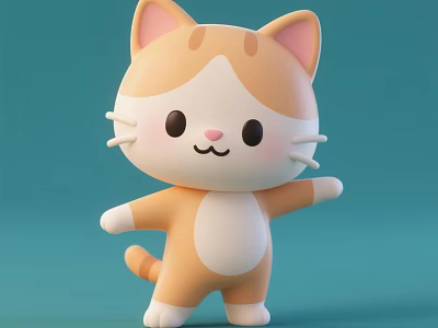 Cartoon Cat Stuffed Toy Orange White Pink Ears Smiling Outstretched Arm On Light Blue Background 3d model