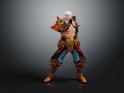 White Haired Warrior In Ornate Gold Red Armor With Muscular Build And Combat Stance 3d model