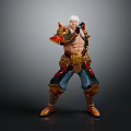 White Haired Warrior In Ornate Gold Red Armor With Muscular Build And Combat Stance