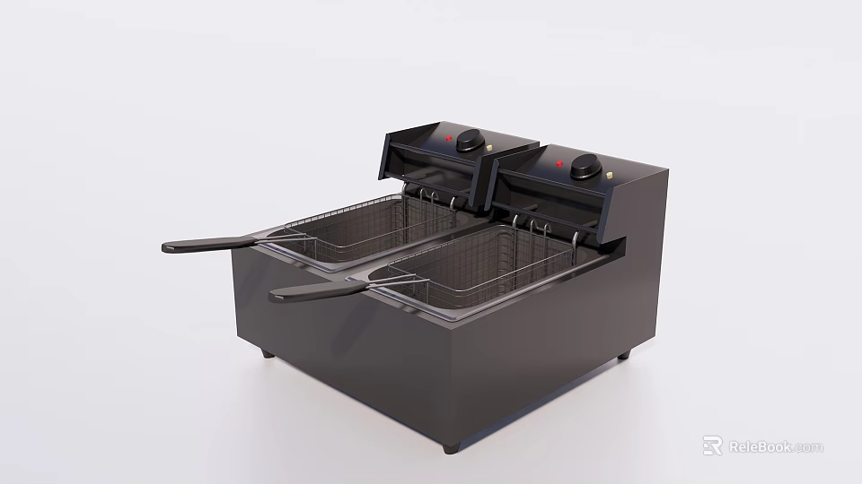 Black Electric Double Basket Deep Fryer Kitchen Cooking Appliance With Control Knobs 3d model 