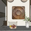 Wooden Circular Wall Decor with Radial Pattern Square Frame in Interior Dining Area 3d model