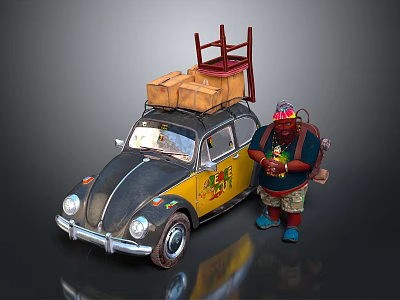 Yellow and Black Beetle Car with Red Chair Brown Boxes on Roof and Character Beside 3d model