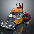 Yellow and Black Beetle Car with Red Chair Brown Boxes on Roof and Character Beside