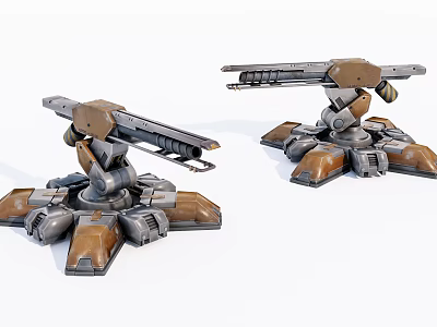 Mechanical Turrets Featuring Metal Structure Brown Gray Color Base With Support Legs And Long Barrels 3d model