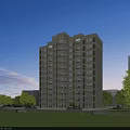 High Rise Residential Building with Lush Trees Green Grass Clear Blue Sky and Cars Nearby