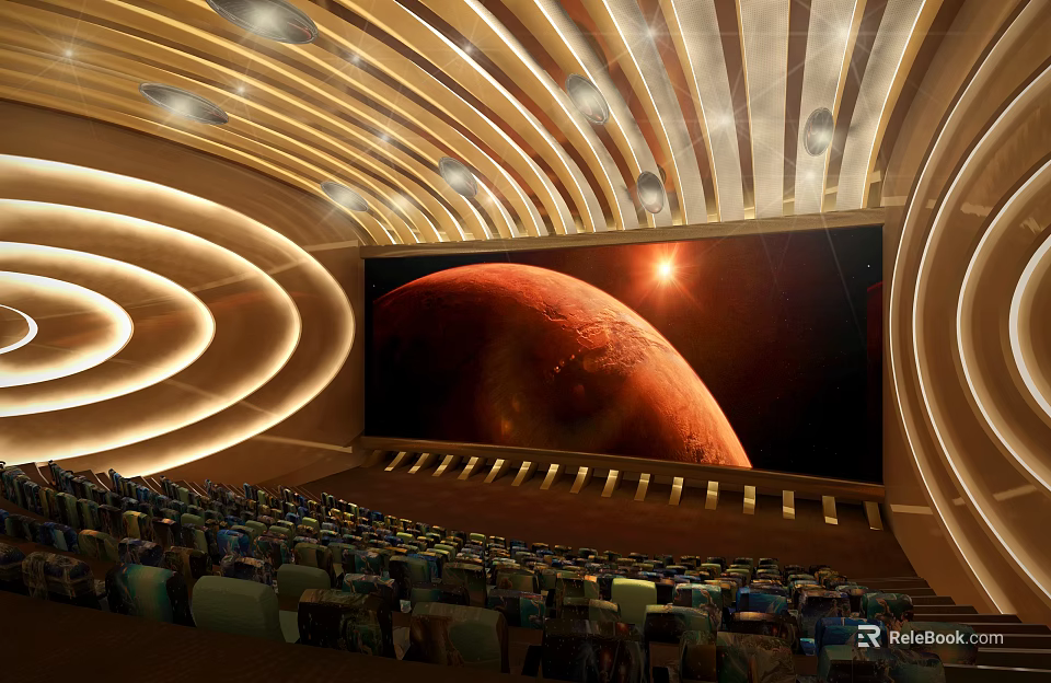 Modern Cinema Interior Design With Curved Lights Large Screen And Seats 3d model 