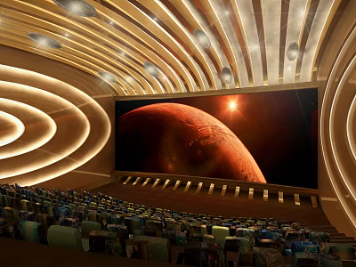 Modern Cinema Interior Design With Curved Lights Large Screen And Seats 3d model
