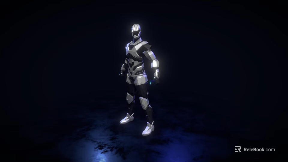 Futuristic Robot In Silver Black Armor With Glowing Accents Standing Against Dark Background 3d model 