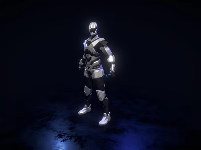 Futuristic Robot In Silver Black Armor With Glowing Accents Standing Against Dark Background 3d model