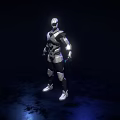 Futuristic Robot In Silver Black Armor With Glowing Accents Standing Against Dark Background