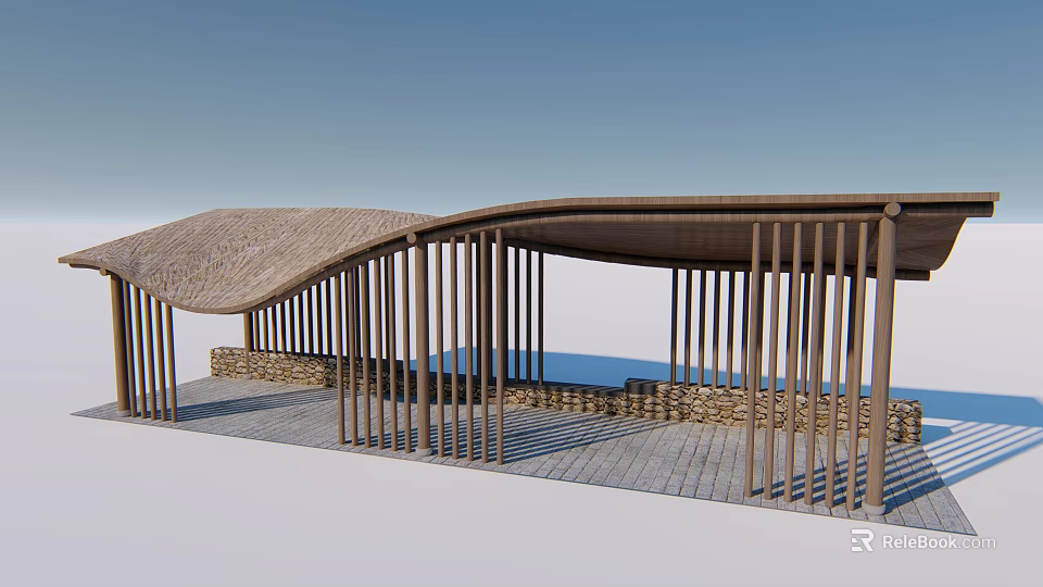 Curved Roof Pergola With Wooden Pillars Stone Walls Stone Slab Floor And Ocean View 3d model 