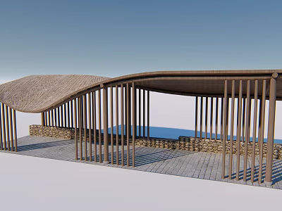 Curved Roof Pergola With Wooden Pillars Stone Walls Stone Slab Floor And Ocean View 3d model