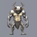 Muscular Fantasy Creature Character With Antlers White Gray Fur Spiked Arms Fierce Expression