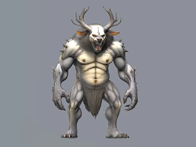 Muscular Fantasy Creature Character With Antlers White Gray Fur Spiked Arms Fierce Expression 3d model