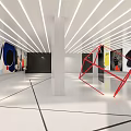 Modern Bright Gallery Interior With Colorful Abstract Paintings White Ceiling Lights And Red Geometric Installation