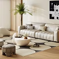 Modern Beige Sofa and White Coffee Table Set with Rug Stools Palm Plant and Artwork