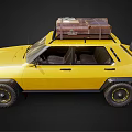 Vibrant Yellow Off Road Vehicle With Roof Cargo Carrier Headlights On And Rugged Tires