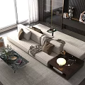White Striped Sectional Sofa in Modern Living Room with Coffee Tables Rug Pillows and Decorations