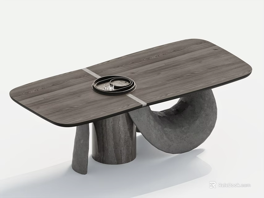 Modern Dining Table With Wooden Tabletop Curved Sculptural Base And Decorative Tray On Surface 3d model 