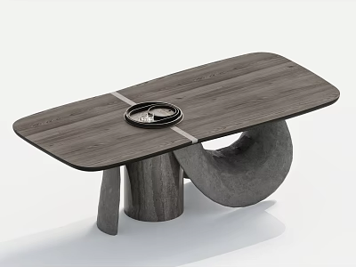 Modern Dining Table With Wooden Tabletop Curved Sculptural Base And Decorative Tray On Surface 3d model