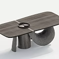 Modern Dining Table With Wooden Tabletop Curved Sculptural Base And Decorative Tray On Surface