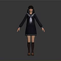 Woman In Dark Blue Sailor Uniform Standing On Gray Background With Brown Shoes