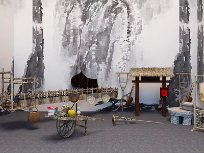 Garden Ornaments With Wheelbarrow Baskets Tools Thatched Shed And Rock Wall 3d model