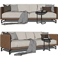 Light Gray Fabric Two Seater Sofa With Brown Leather Armrests Throw Blanket And Side Table