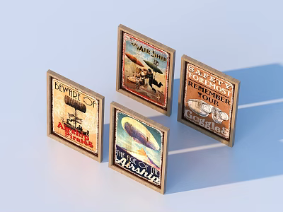 Wooden Square Decorative Signs With Blue Whale Air Ship Fish Book Flying Saucer Designs 3d model