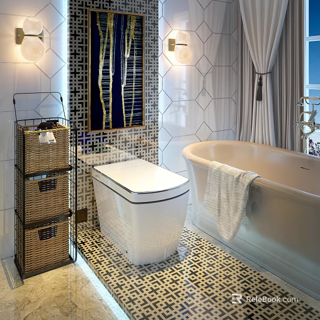 Stylish White Toilet Interior in Bathroom With Bathtub Wicker Basket Shelf and Mosaic Tiles 3d model 