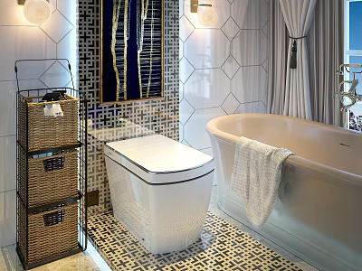 Stylish White Toilet Interior in Bathroom With Bathtub Wicker Basket Shelf and Mosaic Tiles 3d model