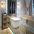 Stylish White Toilet Interior in Bathroom With Bathtub Wicker Basket Shelf and Mosaic Tiles
