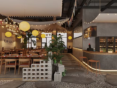 Cozy Hot Pot Restaurant Interior With Hanging Lanterns Green Plants And Wooden Tables 3d model