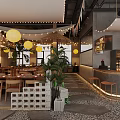 Cozy Hot Pot Restaurant Interior With Hanging Lanterns Green Plants And Wooden Tables