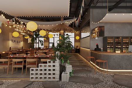 Industrial style barbecue shop barbecue shop hot pot shop hot pot table and chair landscape sketch green plant pile moon lamp star lamp camping wall decoration neon lamp 3d model