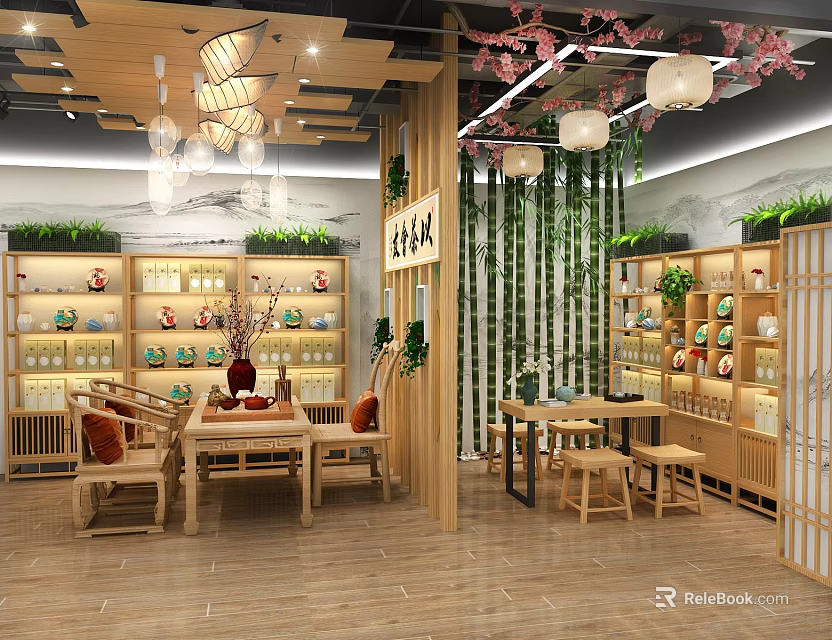 Traditional Tea Shop Interior With Wooden Shelves Tea Sets Green Plants And Tables 3d model 