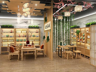 Traditional Tea Shop Interior With Wooden Shelves Tea Sets Green Plants And Tables 3d model