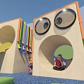Kids Playground Featuring Wooden Play Structure Slide Round Openings Mushroom Seats And Trees