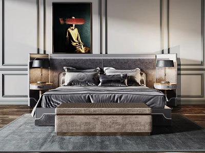 Elegant Double Bed With Bedside Tables Table Lamps Bench Wall Art And Paneled Walls 3d model