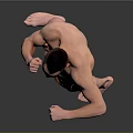 Shirtless Man Practicing Boxing Stance In Orange And Blue Shorts Against Gray Background